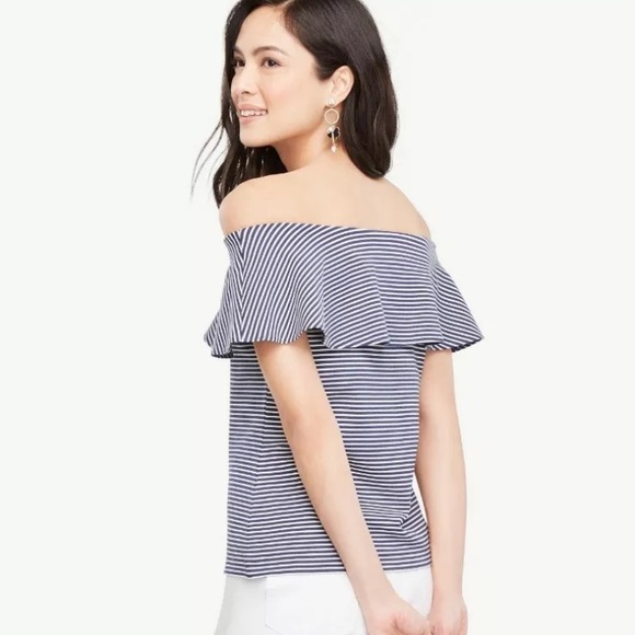Ann Taylor Navy Blue Striped Off Shoulder Top XS - Picture 2 of 8